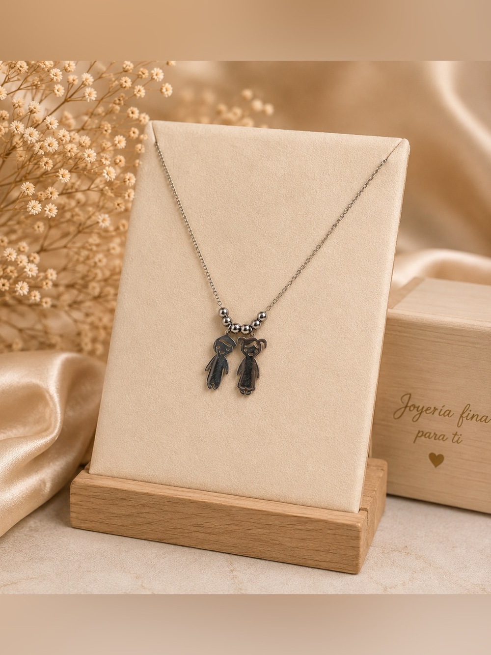 Boy and Girl Silver Pendant Necklace with Black Accents steel 316L
